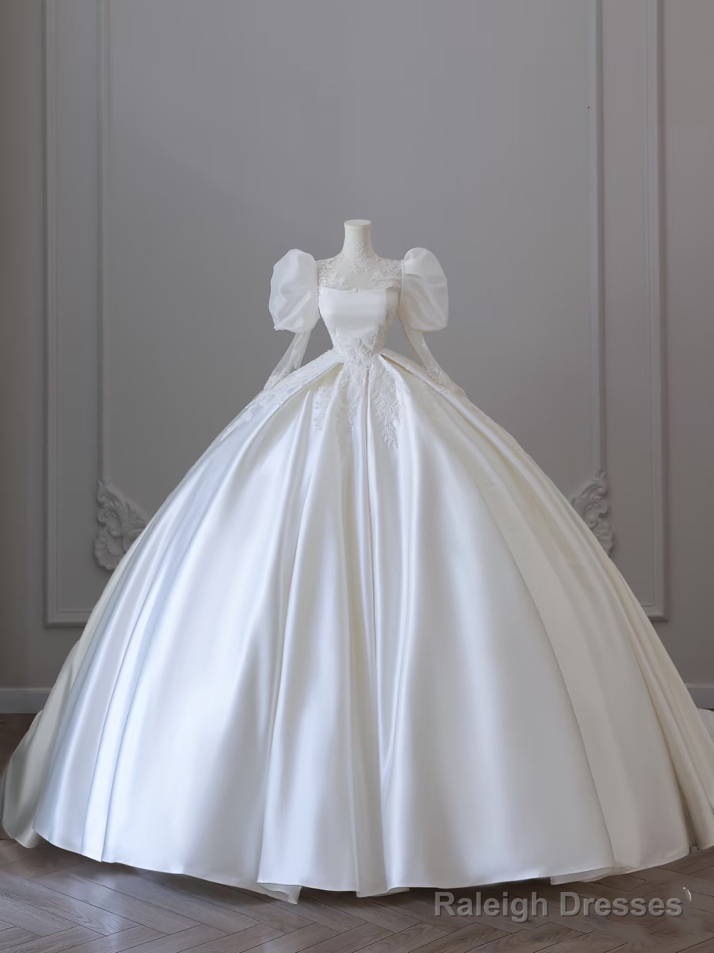 Unique Ball Gowns High Neckline Lace Satin Long Sleeves Wedding Dress Brides Dresses Main image