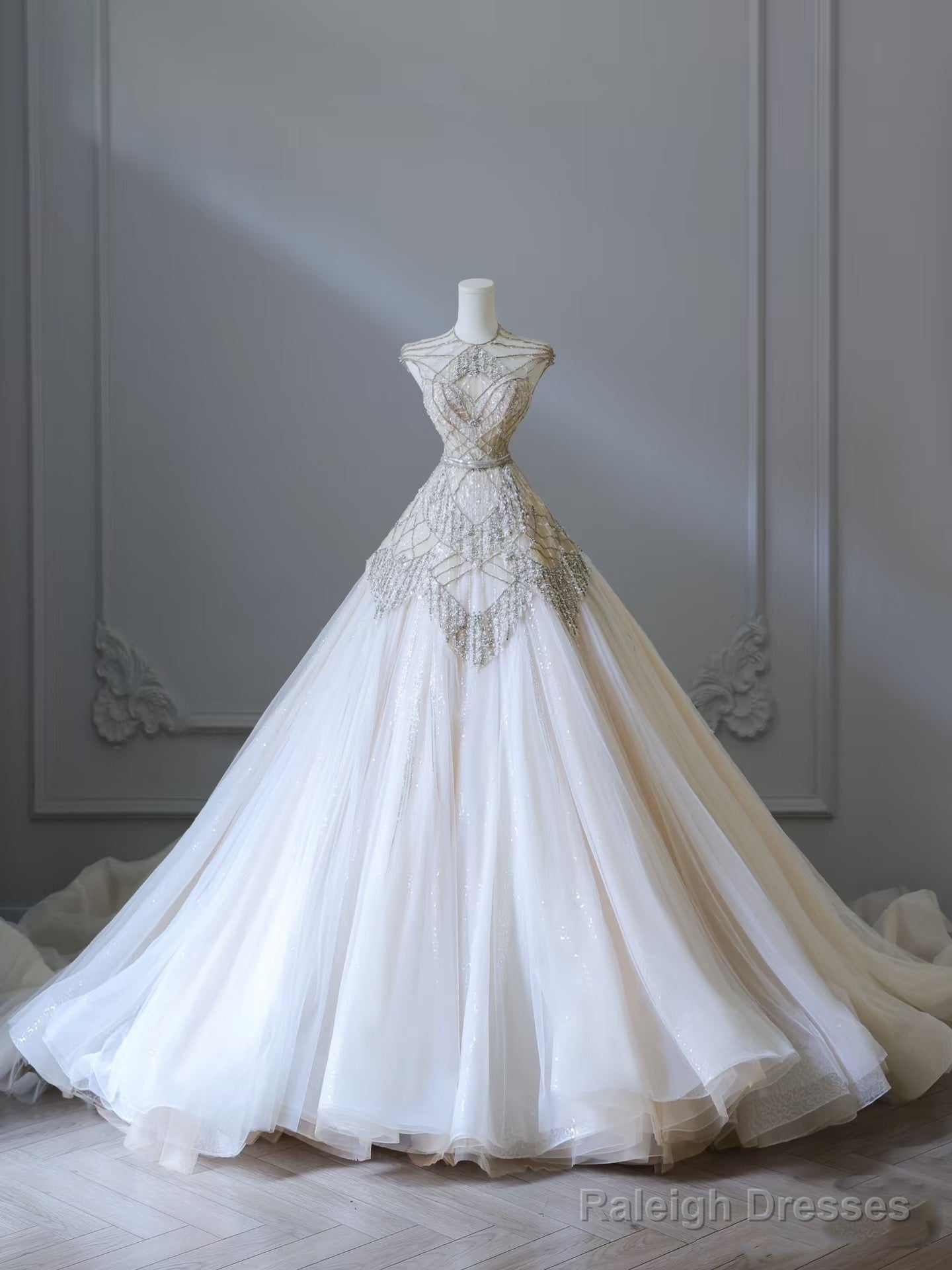 Unique Ball Gowns High Neckline Tulle White Long Wedding Dress Brides Dresses Main image