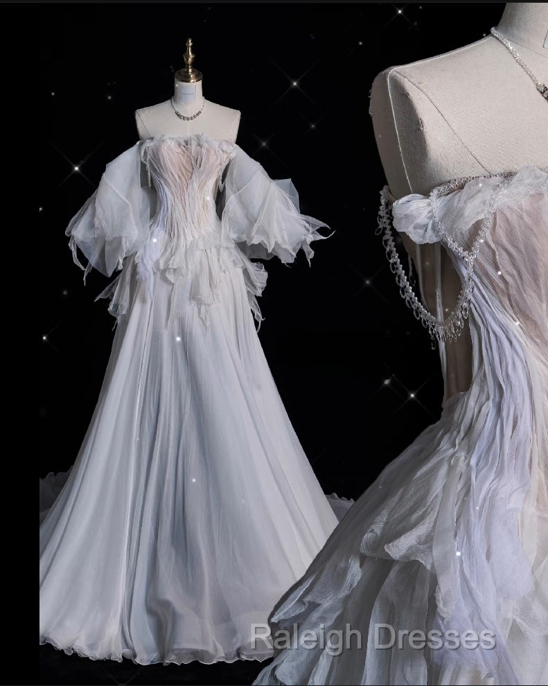 Unique Ball Gown Off The Shoulder Long Tulle White Wedding Dresses Brides Dress Secondary image