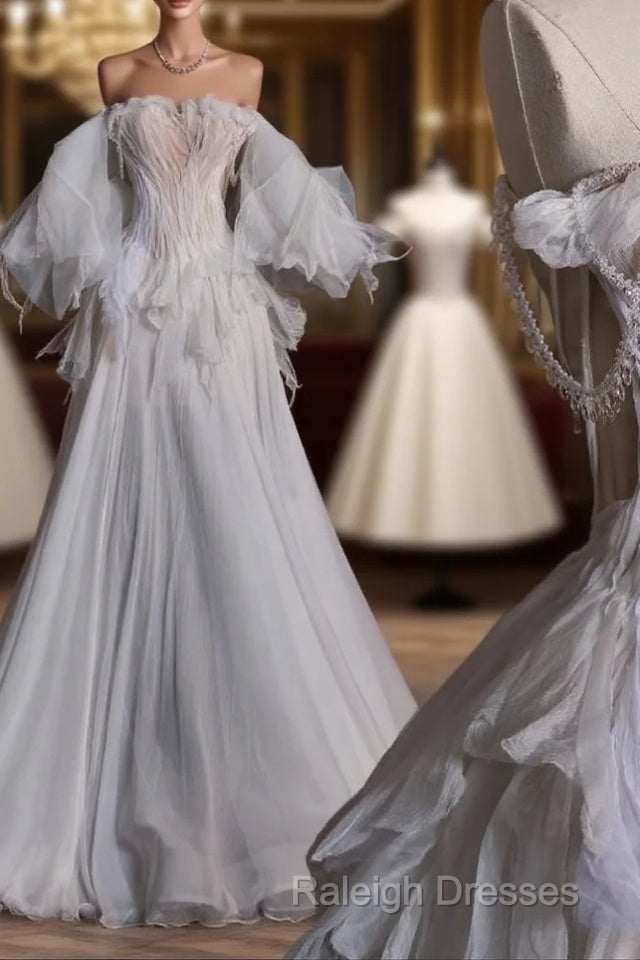 Unique Ball Gown Off The Shoulder Long Tulle White Wedding Dresses Brides Dress