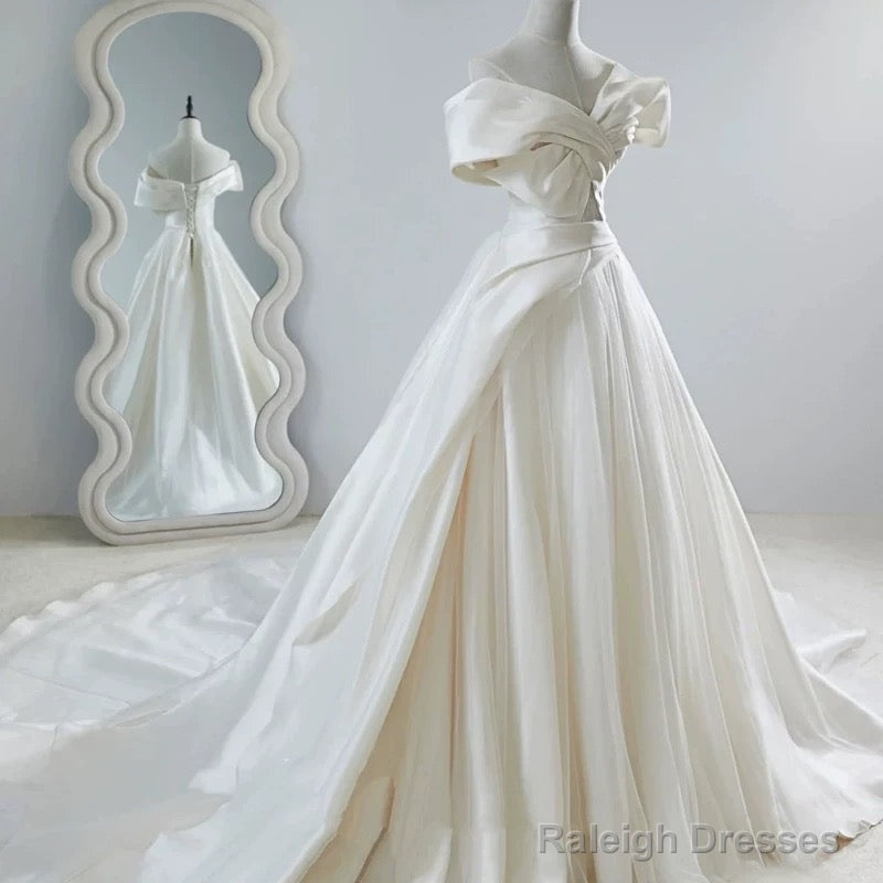 Unique Ball Gowns Off The Shoulder Long White Satin Wedding Dress