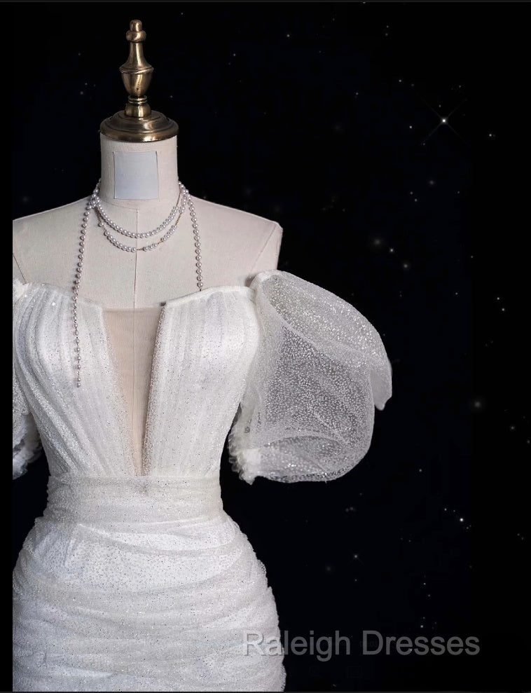 Unique Ball Gown Off The Shoulder Sequin Short Sleeves White Wedding Dresses Brides Dress