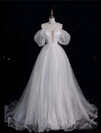 Unique Ball Gown Off The Shoulder Sequin Short Sleeves White Wedding Dress Brides Dresses