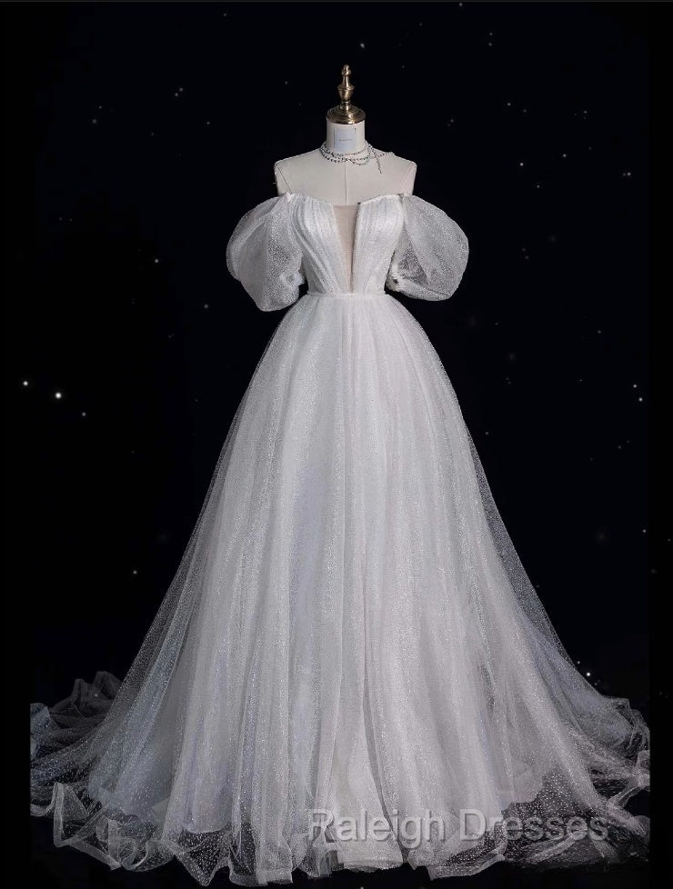 Unique Ball Gown Off The Shoulder Sequin Short Sleeves White Wedding Dress Brides Dresses