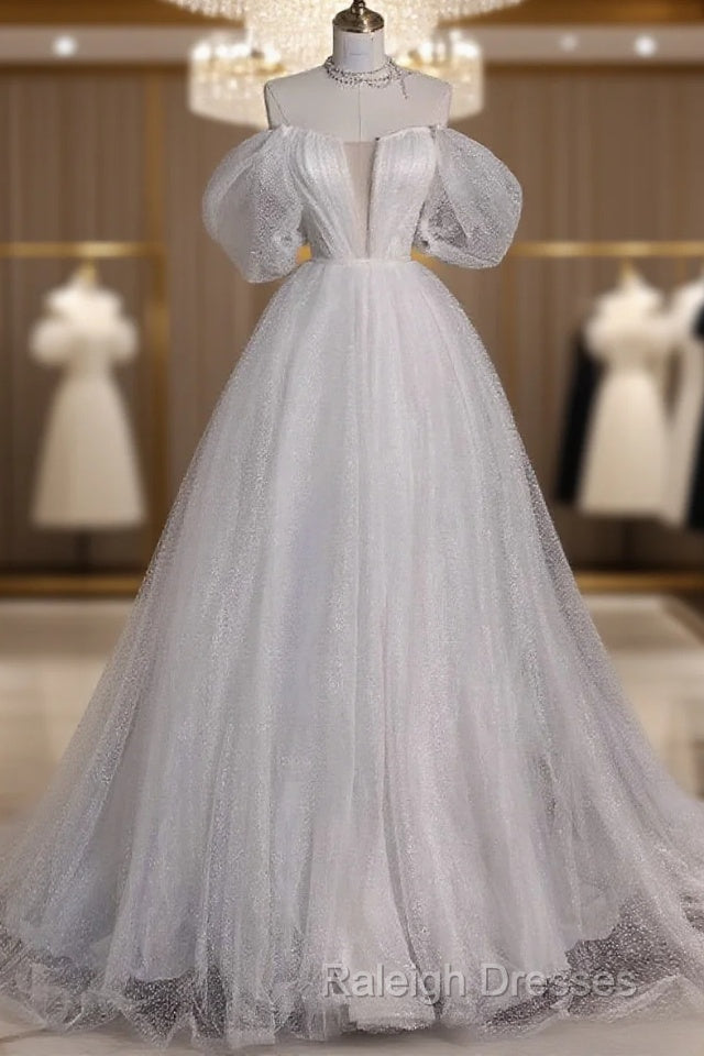 Unique Ball Gown Off The Shoulder Sequin Short Sleeves White Wedding Dresses Brides Dress Main image
