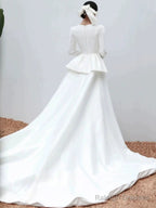 Unique Ball Gowns Scoop Neckline Long Sleeves White Satin Wedding Dress