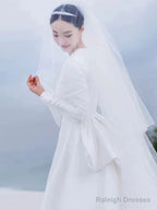 Unique Ball Gowns Scoop Neckline Long Sleeves White Satin Wedding Dress