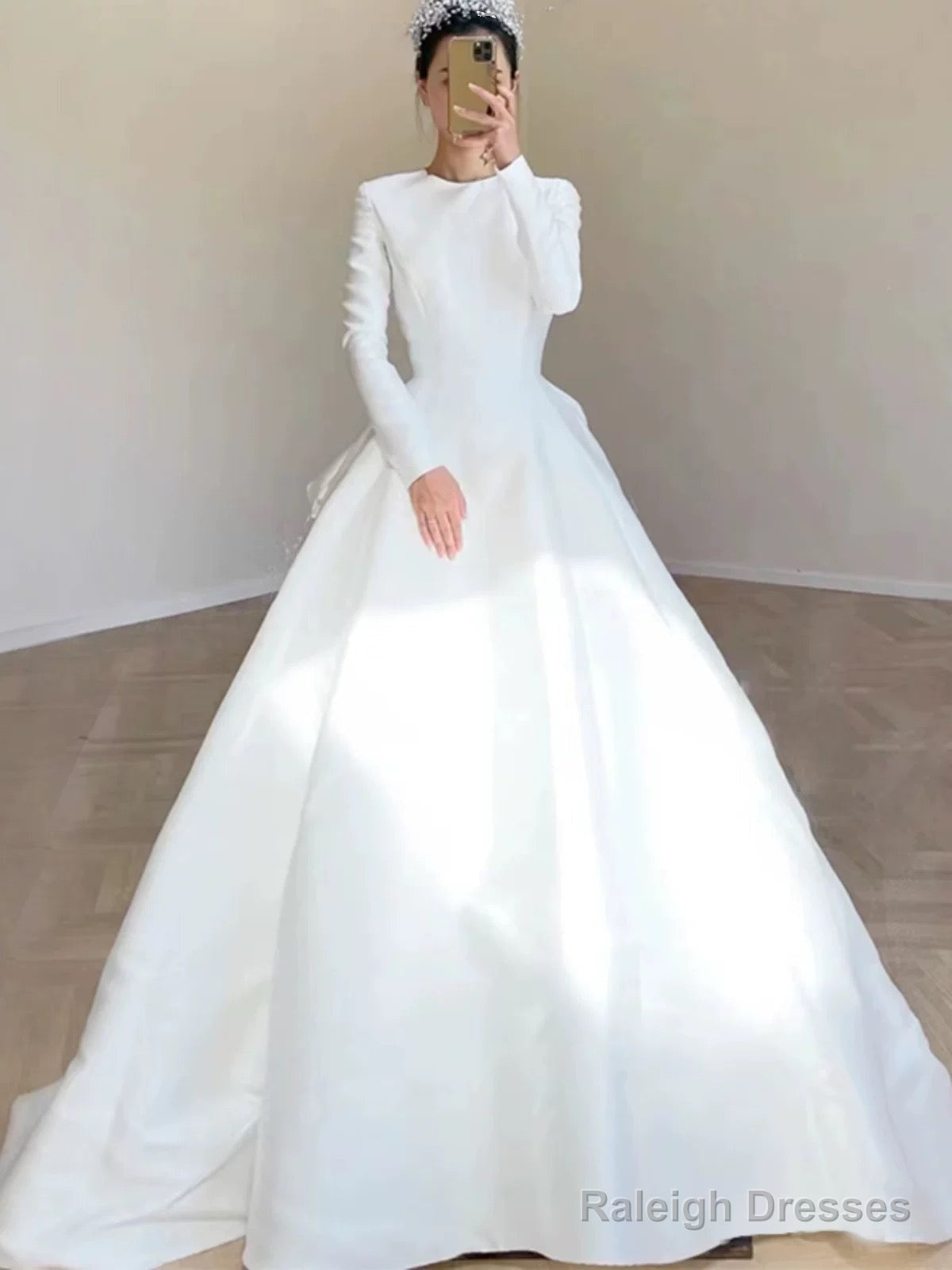 Unique Ball Gowns Scoop Neckline Long Sleeves White Satin Wedding Dress Main image
