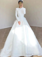 Unique Ball Gowns Scoop Neckline Long Sleeves White Satin Wedding Dress