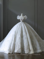 Unique Ball Gown Square Neckline Sequin Short Sleeves Wedding Dress Brides Dresses