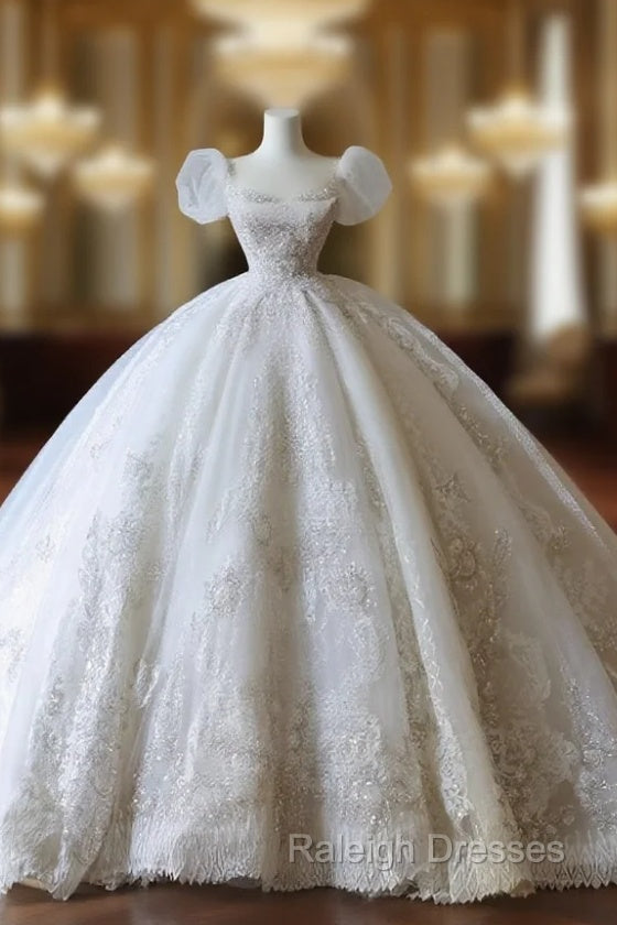 Unique Ball Gown Square Neckline Sequin Short Sleeves Wedding Dresses Brides Dress