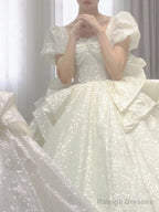 Unique Ball Gowns Square Neckline Short Sleeves Sequin White Wedding Dress Brides Dresses