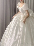 Unique Ball Gowns Square Neckline Short Sleeves Sequin White Wedding Dress Brides Dresses