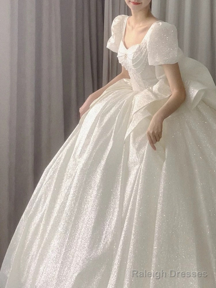 Unique Ball Gowns Square Neckline Short Sleeves Sequin White Wedding Dress Brides Dresses