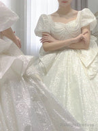 Unique Ball Gowns Square Neckline Short Sleeves Sequin White Wedding Dress Brides Dresses
