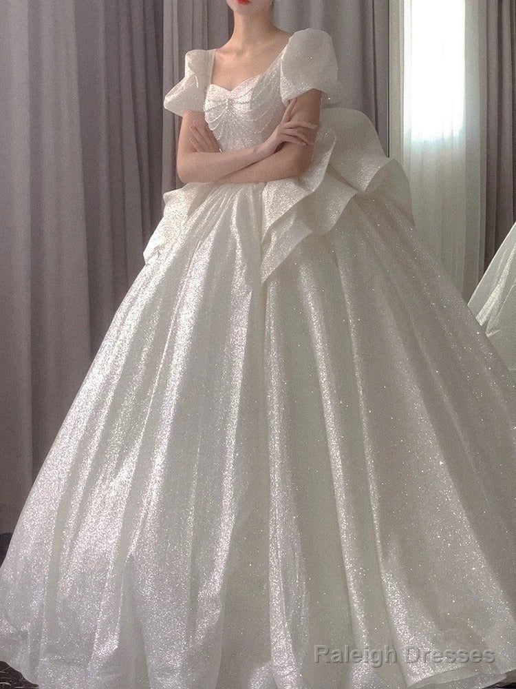 Unique Ball Gowns Square Neckline Short Sleeves Sequin White Wedding Dress Brides Dresses Main image