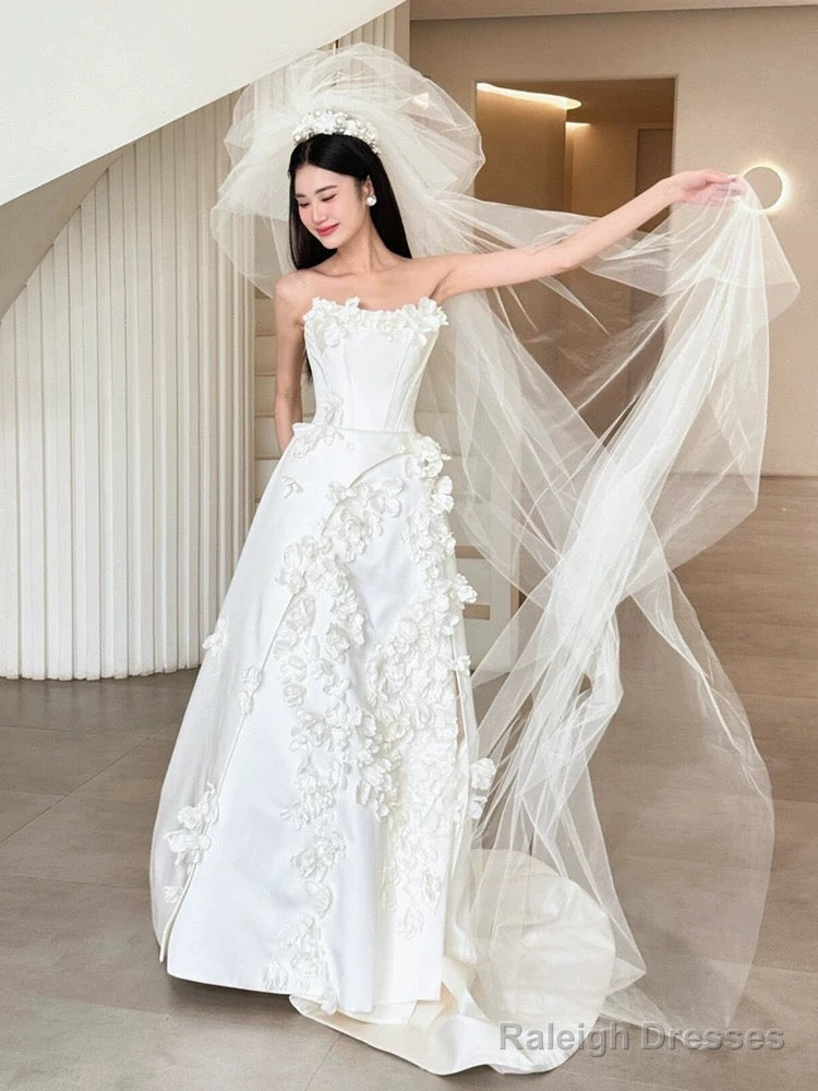Unique Ball Gowns Strapless Neckline Long White Satin Floral Wedding Dress