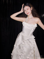 Unique Ball Gown Strapless Neckline Long White Satin Floral Wedding Dresses