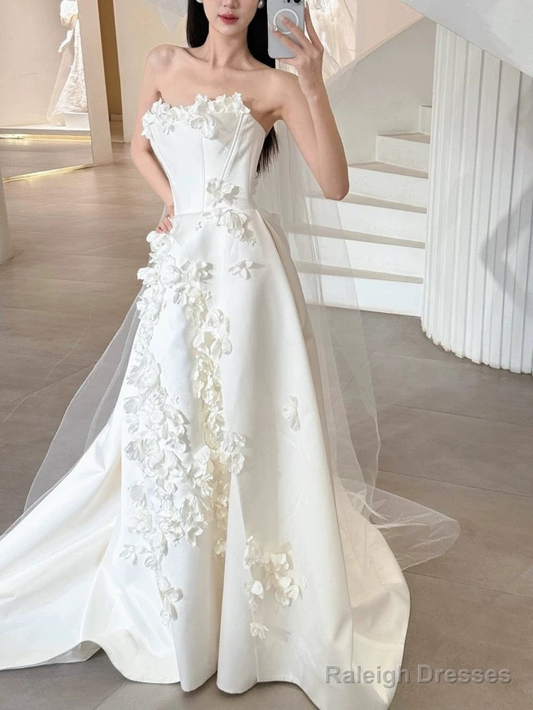 Unique Ball Gowns Strapless Neckline Long White Satin Floral Wedding Dress