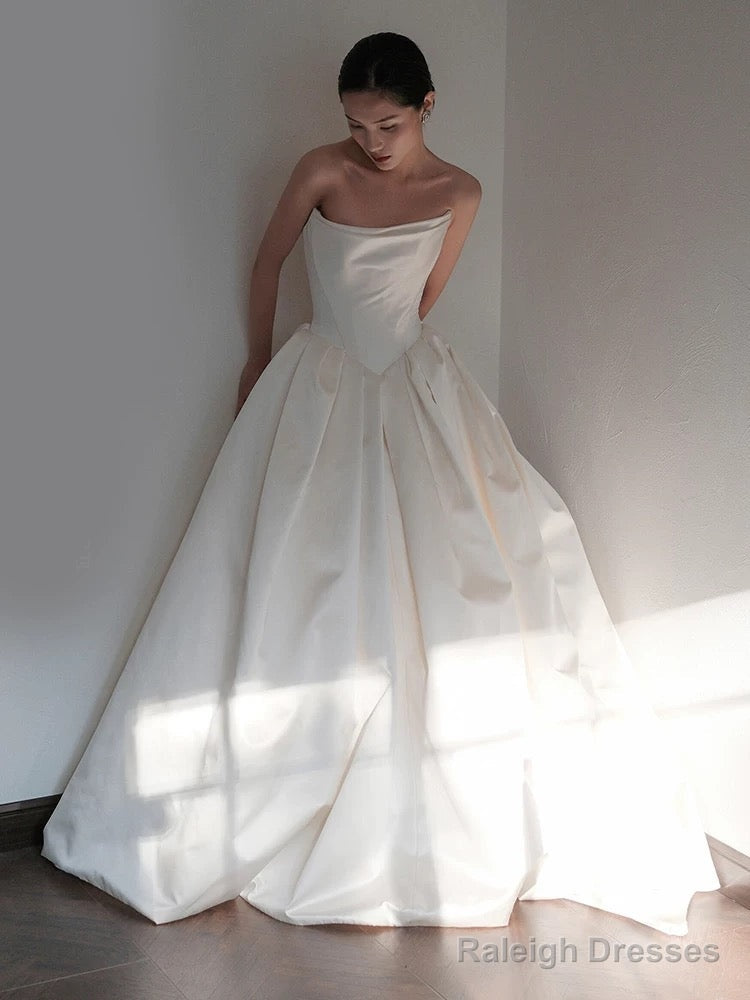 Unique Ball Gown Strapless Neckline Long White Satin Wedding Dresses Secondary image