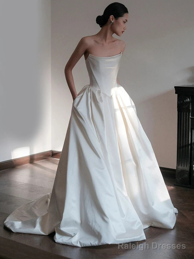 Unique Ball Gowns Strapless Neckline Long White Satin Wedding Dress