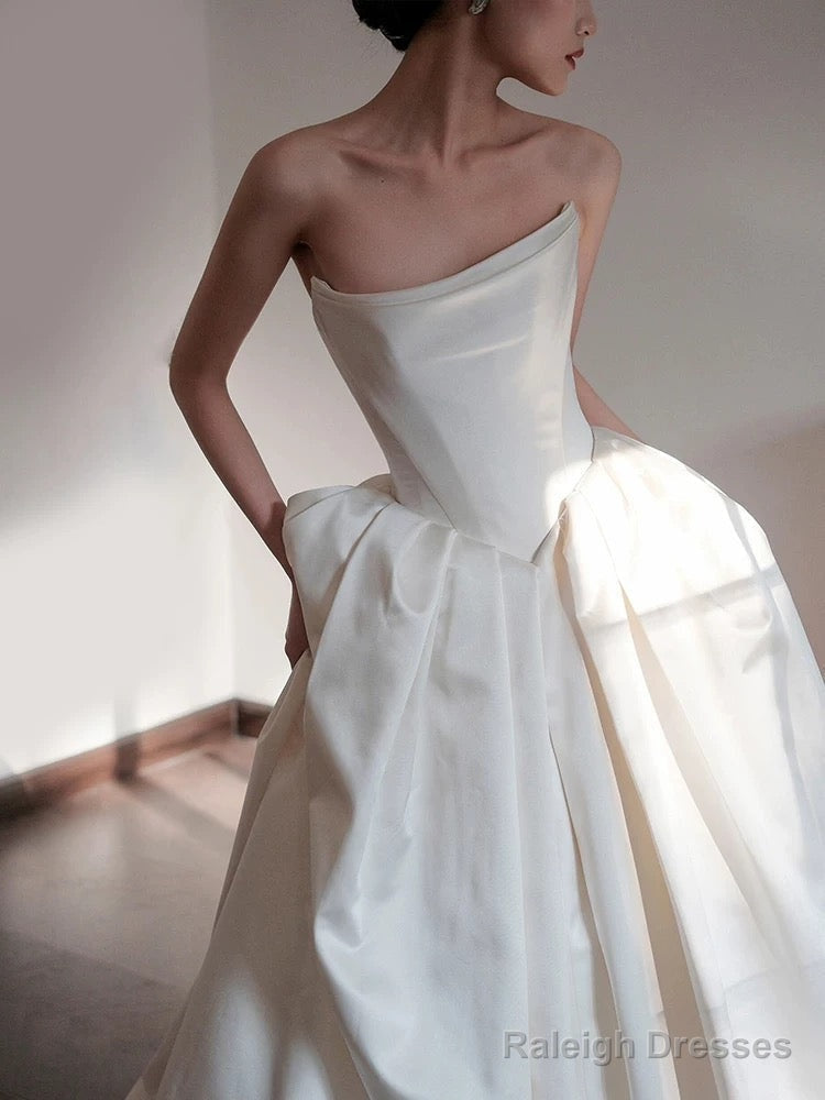 Unique Ball Gowns Strapless Neckline Long White Satin Wedding Dress