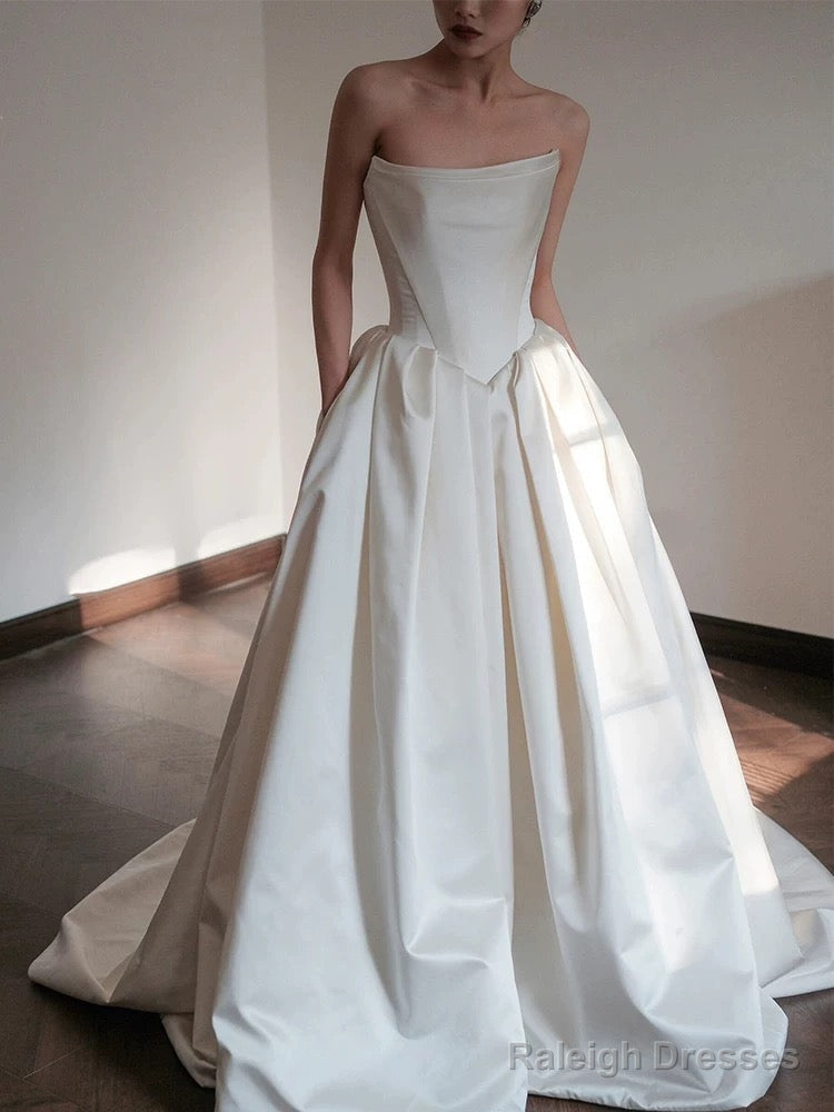 Unique Ball Gowns Strapless Neckline Long White Satin Wedding Dress