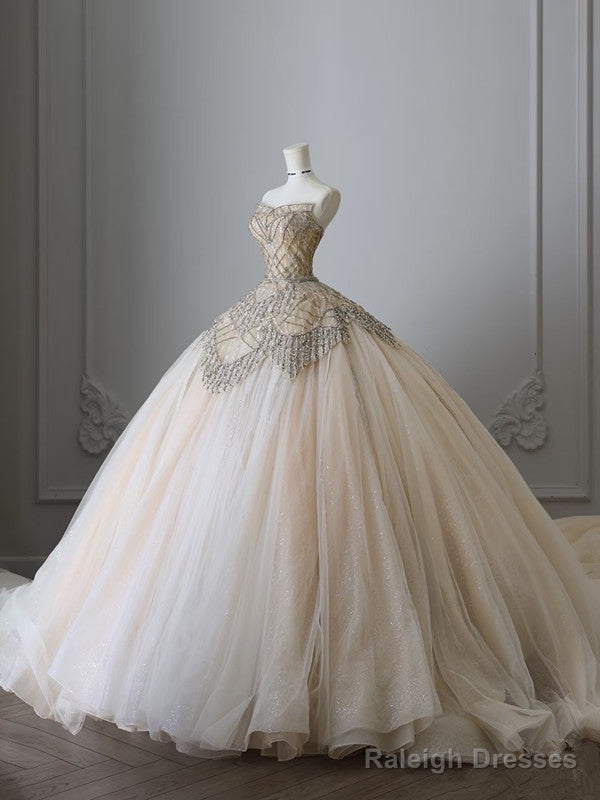 Unique Ball Gowns Strapless Tulle Champagne Long Wedding Dress Brides Dresses Secondary image
