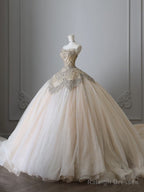 Unique Ball Gowns Strapless Tulle Champagne Long Wedding Dress Brides Dresses