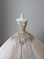 Unique Ball Gowns Strapless Tulle Champagne Long Wedding Dress Brides Dresses