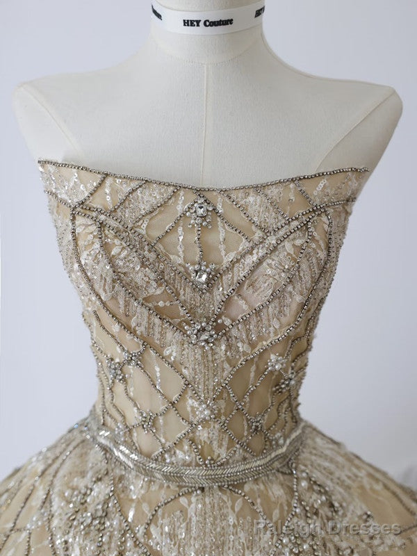 Unique Ball Gown Strapless Tulle Champagne Long Wedding Dresses Brides Dress