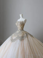 Unique Ball Gown Strapless Tulle Champagne Long Wedding Dresses Brides Dress