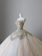 Unique Ball Gowns Strapless Tulle Champagne Long Wedding Dress Brides Dresses