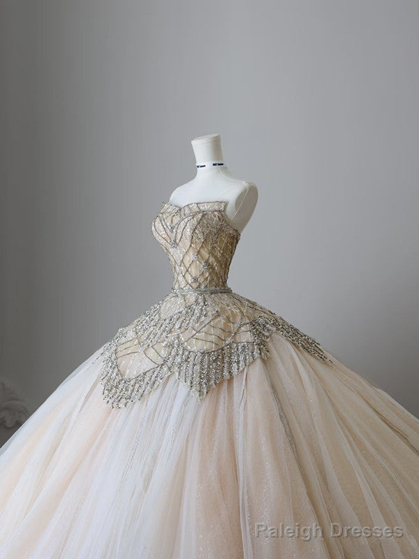 Unique Ball Gowns Strapless Tulle Champagne Long Wedding Dress Brides Dresses