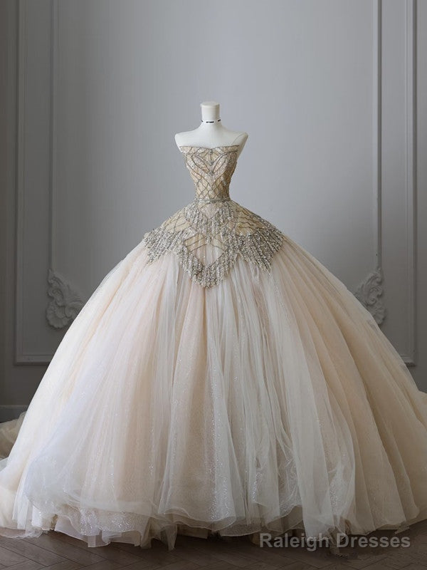 Unique Ball Gowns Strapless Tulle Champagne Long Wedding Dress Brides Dresses Main image
