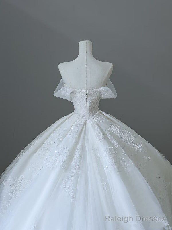 Unique Ball Gowns Strapless Tulle White Long Off The Shoulder Wedding Dress Brides Dresses