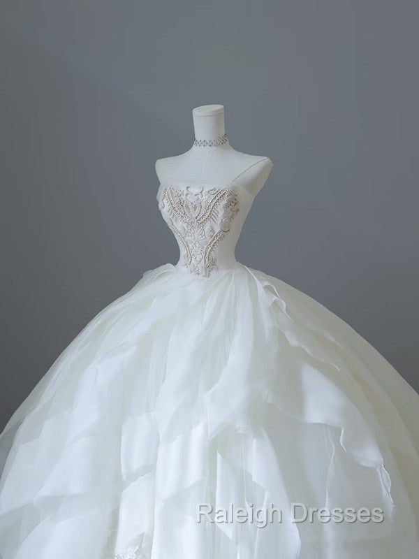 Unique Ball Gown Strapless Tulle White Long Wedding Dress Brides Dresses Secondary image