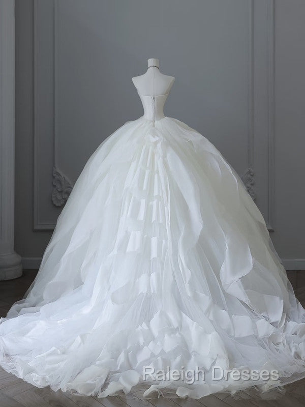 Unique Ball Gown Strapless Tulle White Long Wedding Dresses Brides Dress