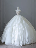 Unique Ball Gown Strapless Tulle White Long Wedding Dress Brides Dresses