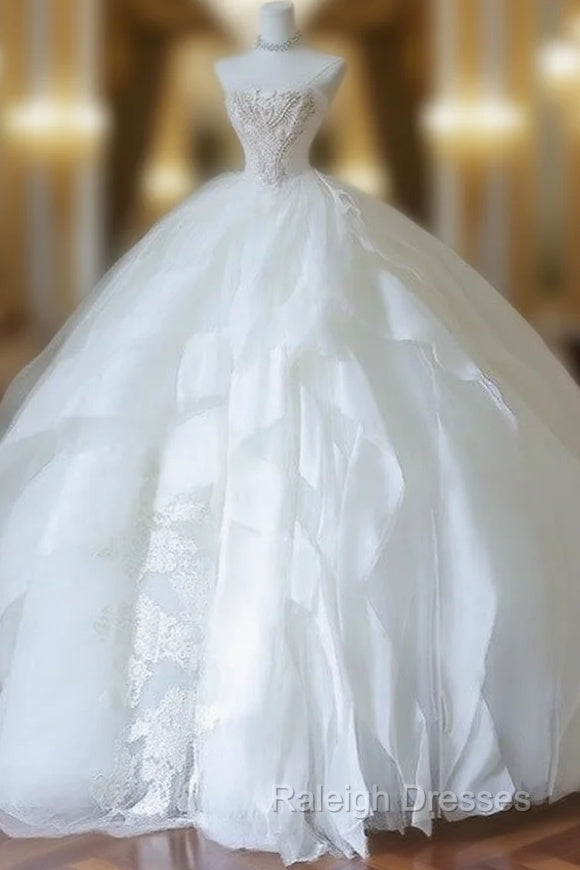 Unique Ball Gown Strapless Tulle White Long Wedding Dress Brides Dresses Main image