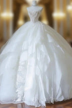 Unique Ball Gown Strapless Tulle White Long Wedding Dress Brides Dresses