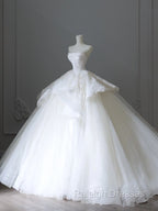 Unique Ball Gown Strapless White Lace Satin Long Wedding Dresses Brides Dress