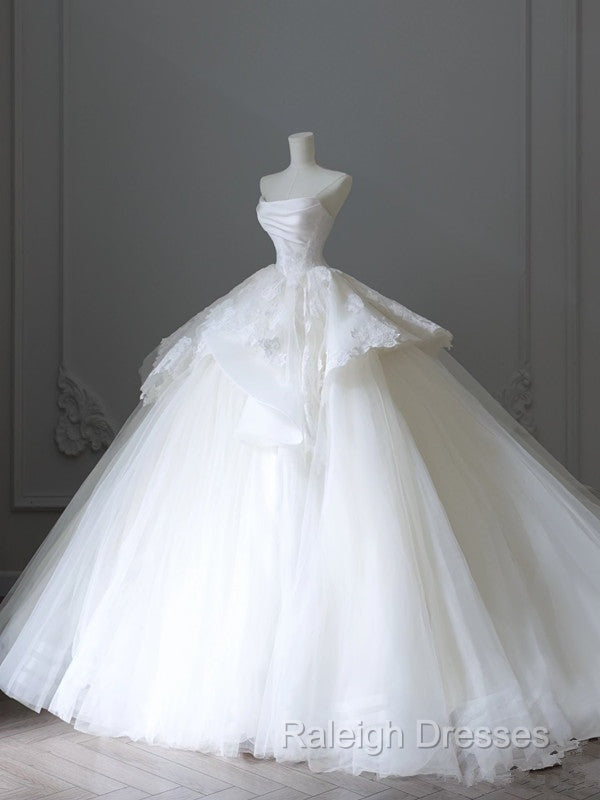 Unique Ball Gown Strapless White Lace Satin Long Wedding Dress Brides Dresses Secondary image