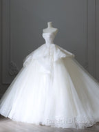 Unique Ball Gown Strapless White Lace Satin Long Wedding Dress Brides Dresses