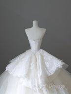 Unique Ball Gown Strapless White Lace Satin Long Wedding Dress Brides Dresses