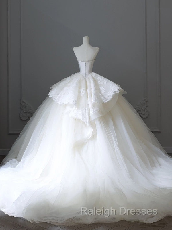 Unique Ball Gown Strapless White Lace Satin Long Wedding Dress Brides Dresses