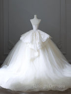 Unique Ball Gown Strapless White Lace Satin Long Wedding Dresses Brides Dress