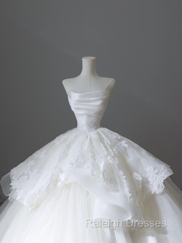 Unique Ball Gown Strapless White Lace Satin Long Wedding Dresses Brides Dress