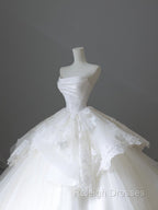 Unique Ball Gown Strapless White Lace Satin Long Wedding Dress Brides Dresses