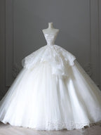 Unique Ball Gown Strapless White Lace Satin Long Wedding Dresses Brides Dress